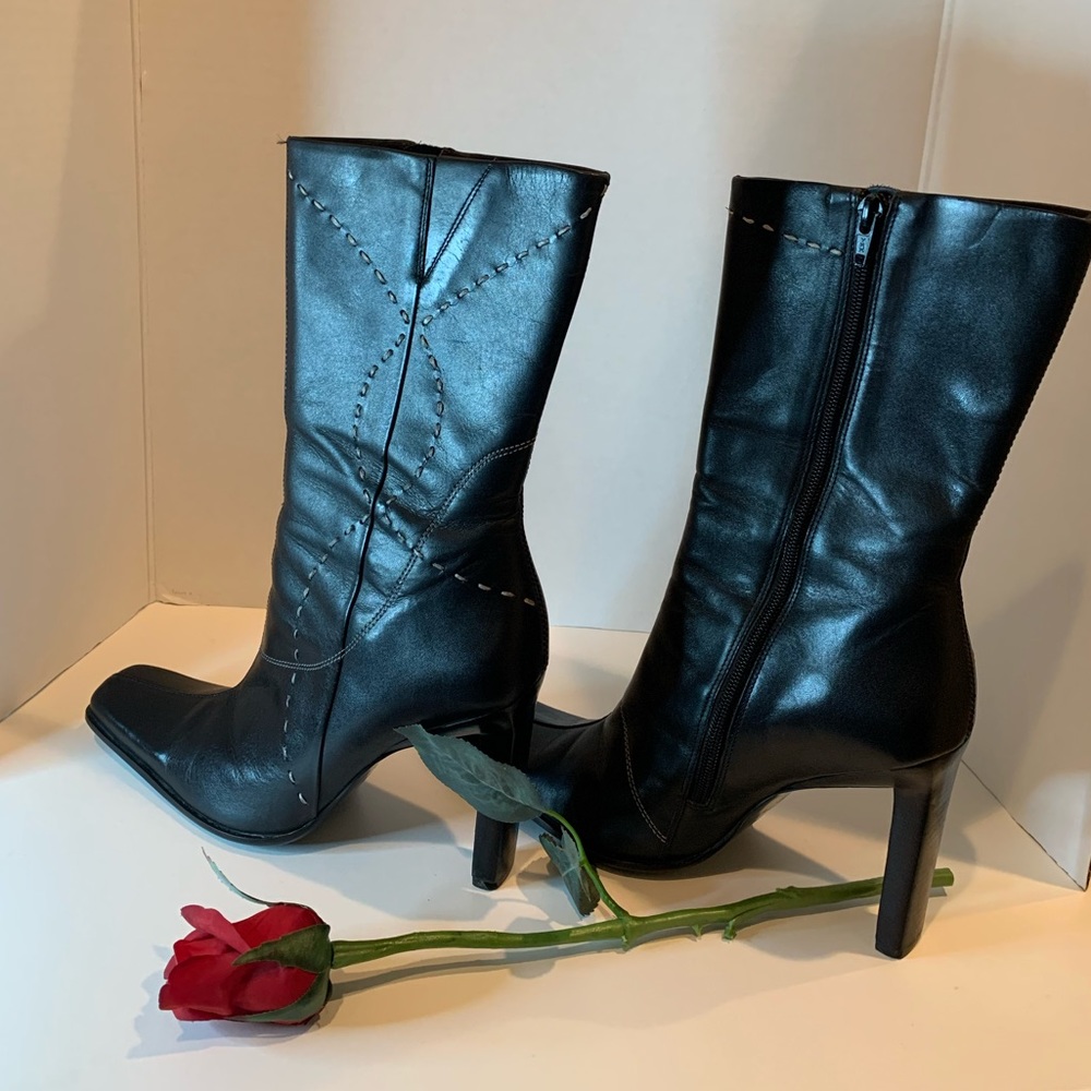 Leather Mid-calf High heel boots